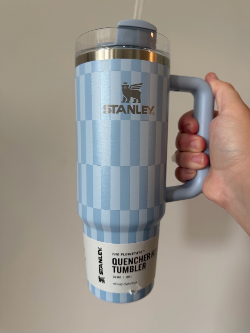 Stanley Light Blue Tile Check Quencher H2.0 Tumbler with Handle 30 Oz.
